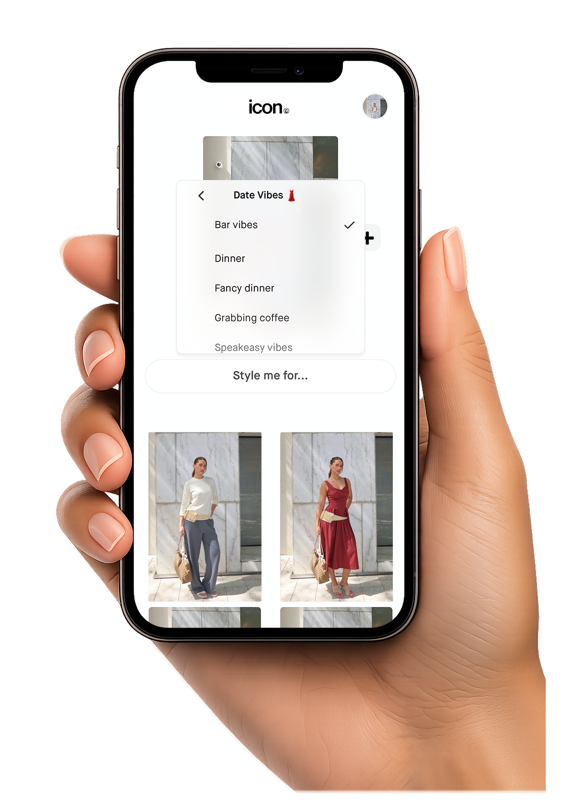 IconAI app preview shown on a phone held in a hand