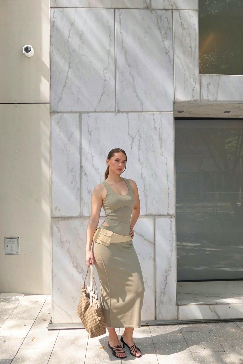 Rose wearing an olive outfit in an IconAI try-on example
